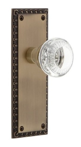 Nostalgic Warehouse - Neoclassical Plate Passage with Crystal Neoclassical Knob in Antique Brass - 746251 - 2 3/8" Backset