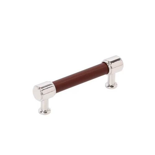 Amerock Hardware - Fairlane 3-3/4 inch (96mm) Center-to-Center Pull is finished in Brown Leather/Polished Nickel - BP37537BRLPN