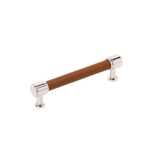 Amerock Hardware - Fairlane 5-1/16 inch (128mm) Center-to-Center Pull is finished in Cognac Leather/Polished Nickel - BP37538CNLPN