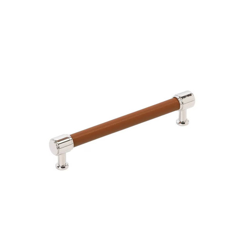 Amerock Hardware - Fairlane 6-5/16 inch (160mm) Center-to-Center Pull is finished in Cognac Leather/Polished Nickel - BP37539CNLPN