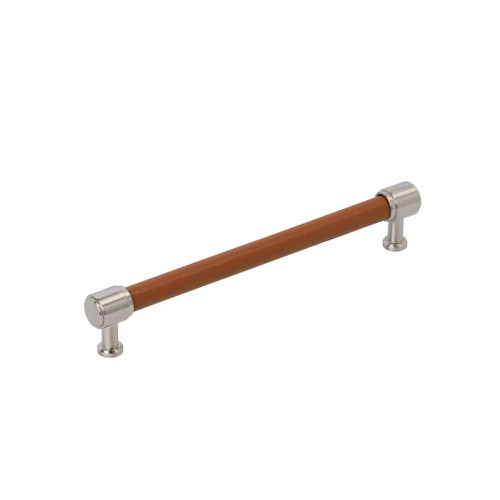 Amerock Hardware - Fairlane 7-9/16 inch (192mm) Center-to-Center Pull is finished in Cognac Leather/Satin Nickel - BP37540CNLG10