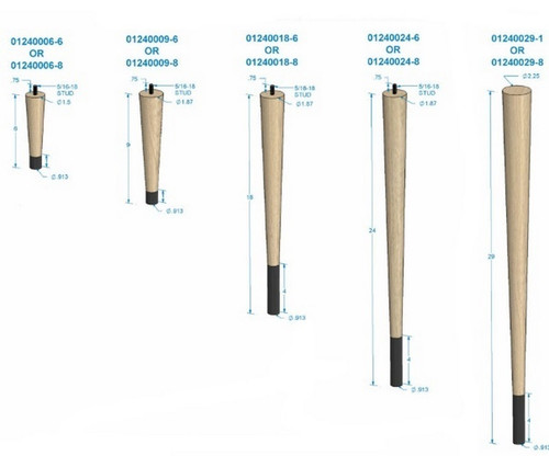 9" Round Tapered Leg with bolt & 1" Chrome Ferrule Hardwood with Semi-Gloss Clear Coat Finish 1.87" Diam. X 9" H