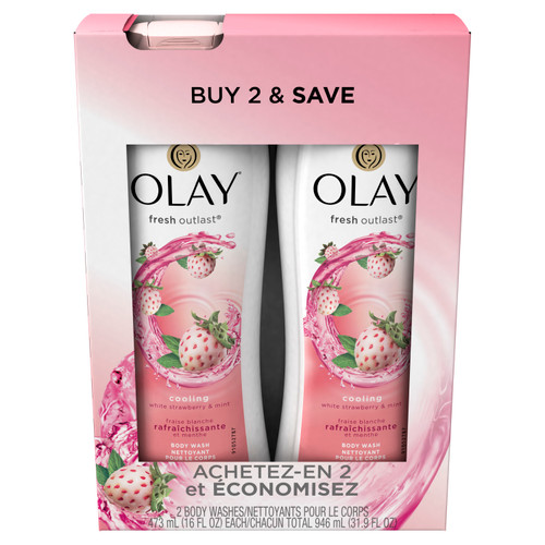 Olay Fresh Outlast Cooling White Strawberry &amp; Mint Body Wash 16 oz Twin Pack