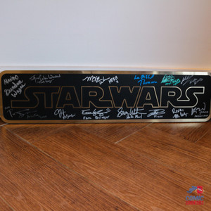 Premium Star Wars signed plaque featuring signatures from Ahsoka, Thrawn, Grogu team, Ezra, Finn, and more. Authentic, 3D-lettered display collectible.