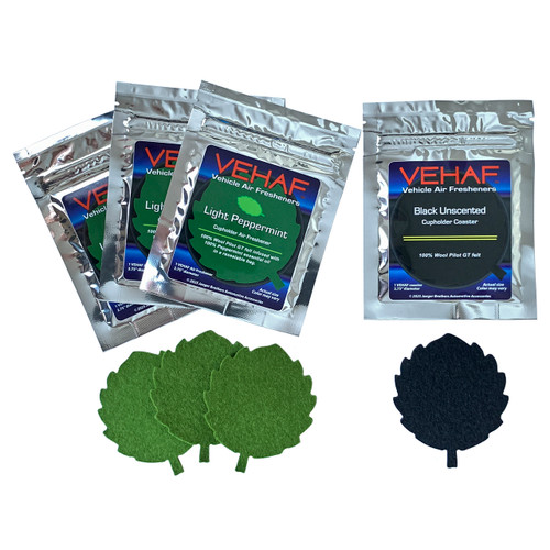 VEHAF Vehicle Air Fresheners - Peppermint 3-pack with Black unscented cupholder coaster.
