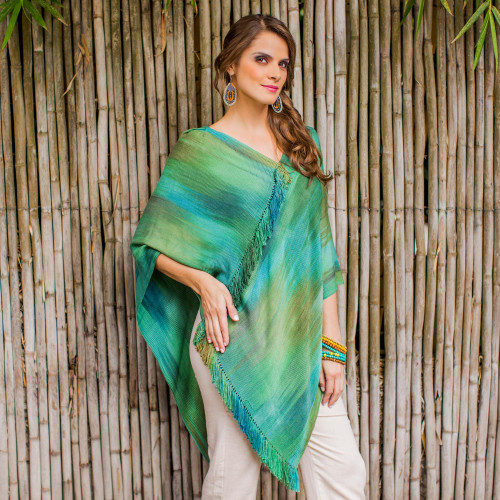 Backstrap Loom Rayon Poncho with Fringe 'Ethereal Turquoise'