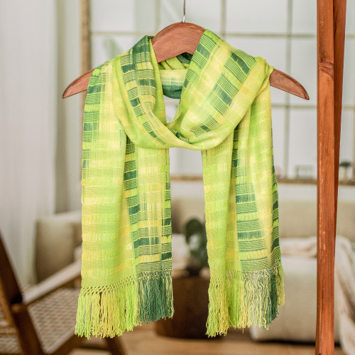 Backstrap Rayon Handmade Scarf in Shades of Green 'Evergreen'