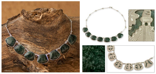 Central American Sterling Silver Jade Necklace 'Maya Legends'