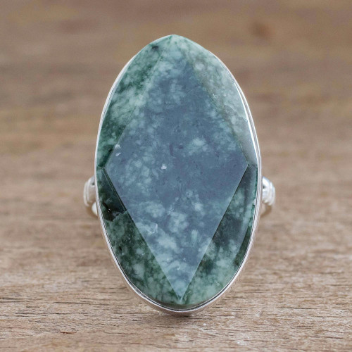 Fair Trade Sterling Silver Jade Cocktail Ring 'Dark Green Maya Mystique'