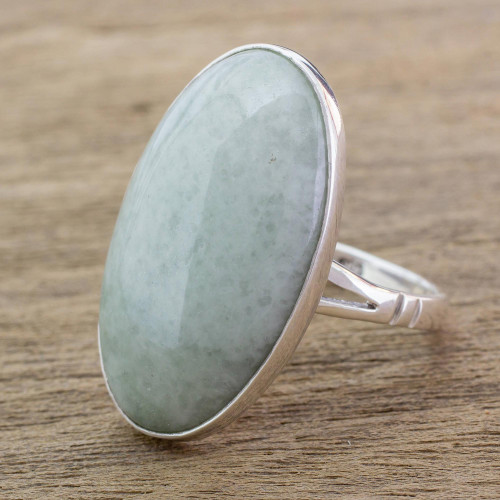 Handcrafted Minimalist Light Green Jade and Silver Ring 'Pale Green Tonalities'