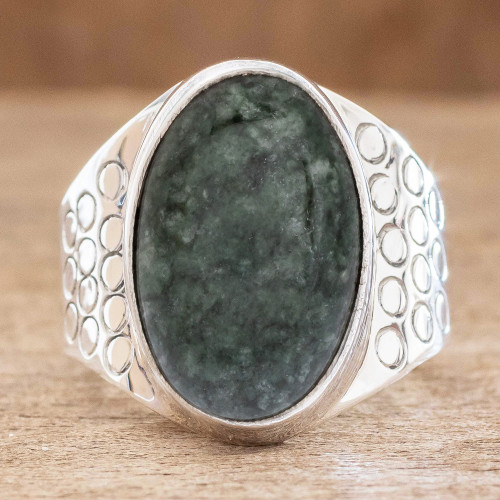 Men's Modern Sterling Silver Single Stone Jade Ring 'Verdant Night' Men's Modern Sterling Silver Single Stone Jade Ring 'Verdant Night'