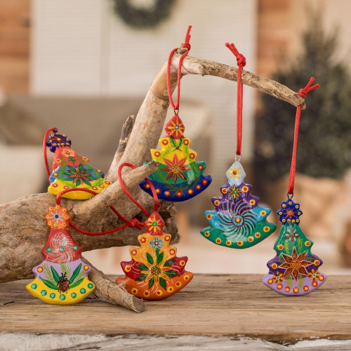 Hand Painted Ceramic Tree Ornaments Set of 6 'Christmas Tree'