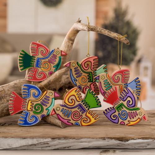 Fair Trade Assorted Wood Bird Ornaments Set of 6 'Maya Bird'