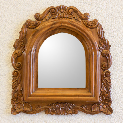 Guatemalan Colonial Style Carved Wood Wall Mirror 'Beatriz'