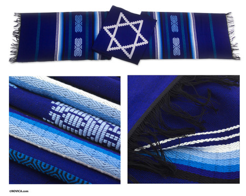 Hand Loomed Cotton Table Runner 'Star of David on Blue'
