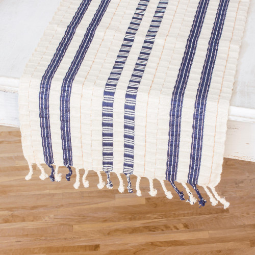 Guatemalan Cotton Table Runner in Ivory with Blue Stripes 'Splendid Contrast'