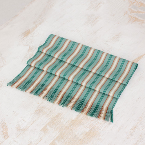 Green Striped Cotton Table Runner from Guatemala 'Forest Path'