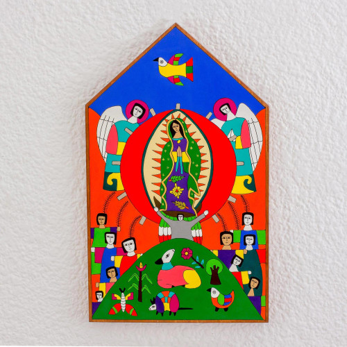 Hand-Painted Pinewood Relief Panel of Mother Mary 'Praising the Virgin of...'