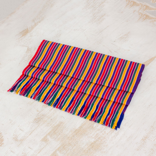 Multicolor Striped Cotton Table Runner from Guatemala 'Path of Happiness'