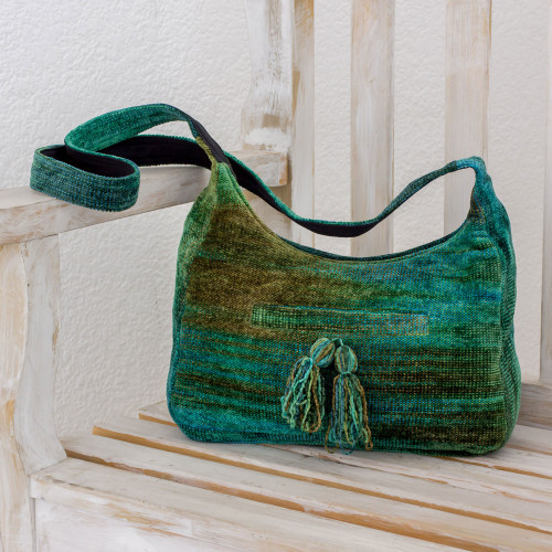 Rayon and Cotton Blend Hobo Bag in Green from Guatemala 'Forest Day' Rayon and Cotton Blend Hobo Bag in Green from Guatemala 'Forest Day'