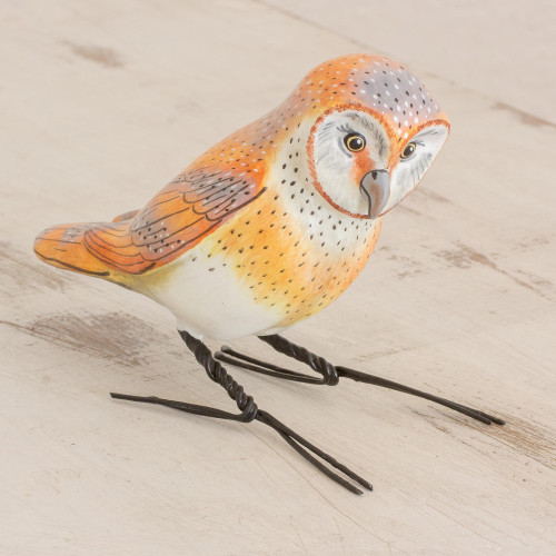 Handcrafted White and Orange Barn Owl Ceramic Figurine 'Standing Owl'