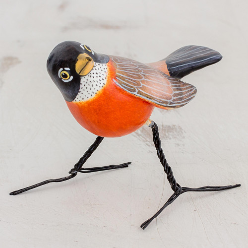 Artisan Crafted Robin Clay Bird Figurine from Guatemala 'Robin'
