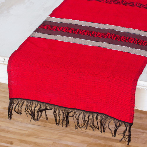 Black and Red Table Runner Hand Loomed in Cotton 'Trails of Totonicapan in Red'
