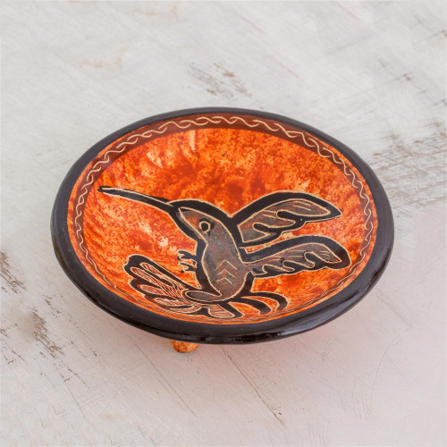 Earth-Toned Hummingbird Chorotega Pottery Decorative Bowl 'Aloft'