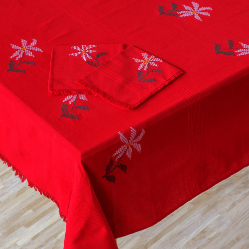 Red Cotton Tablecloth and Napkin Set with Easter Flowers 'Festive Flowers'