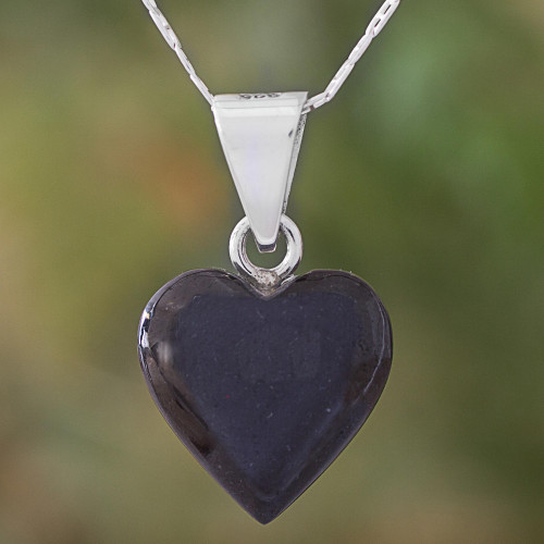 Black Jade Sterling Silver Heart Pendant Necklace Guatemala 'Mayan Heart in Black'