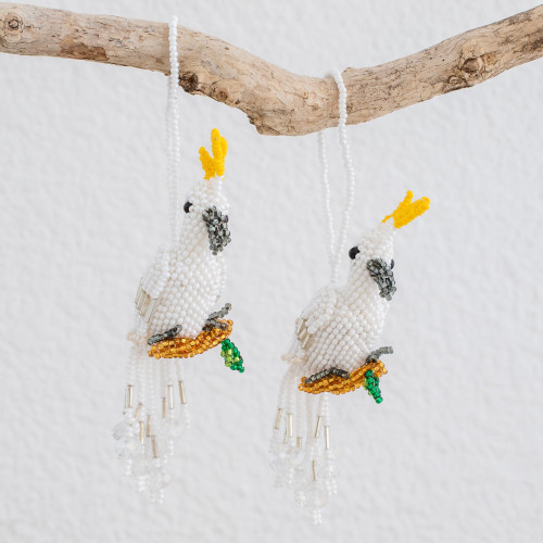 Glass Beaded White Cockatoo Ornaments from Guatemala Pair 'White Cockatoos'