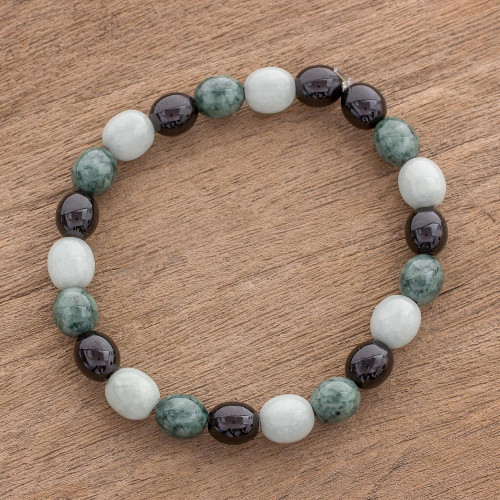 Black Green and Pale Natural Jade Beaded Stretch Bracelet 'Light and Shade'