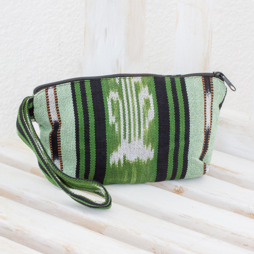 Green and Black Stripe Handwoven Cotton Cosmetics Bag 'Glorious Stripes'