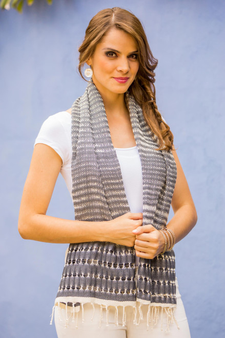 Artisan Designed and Crafted Cotton Scarf in Grey 'Grey Roads Found'