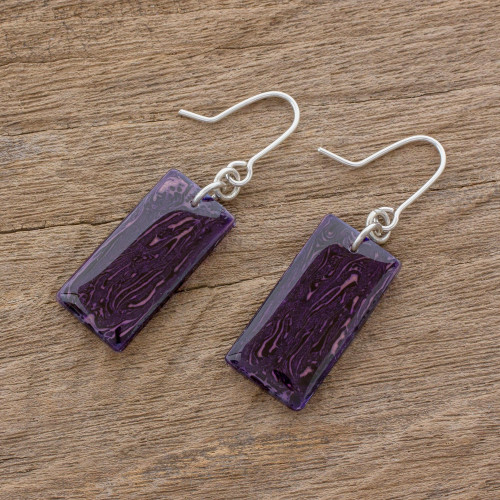 Purple Rectangular Art Glass Dangle Earrings 'Royal Turmoil'