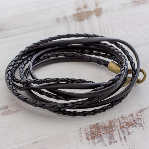 Braided Leather Wrap Bracelet in Black from Guatemala 'Elegance and Style in Black'