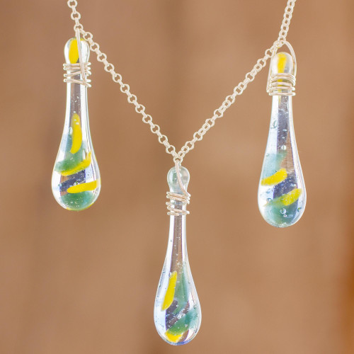 Colorful Glass Pendant Necklace from Costa Rica 'Bubbling Petals'