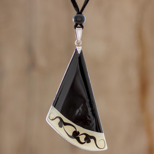 Black Asymmetrical Triangle Art Glass Pendant Necklace 'Dance Fan'