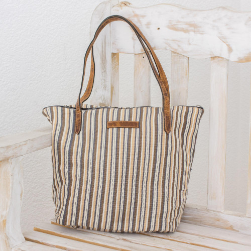 Cream and Brown Striped Hand Woven Cotton Tote Bag 'Modern Cafe'