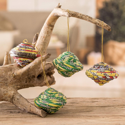 Four Handcrafted Recycled Paper Ornaments from Guatemala 'Traditional Baubles'