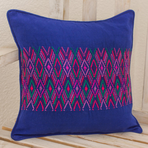 Indigo Square Cushion Cover with Multicolor Maya Frieze 'Quetzaltenango Frieze'