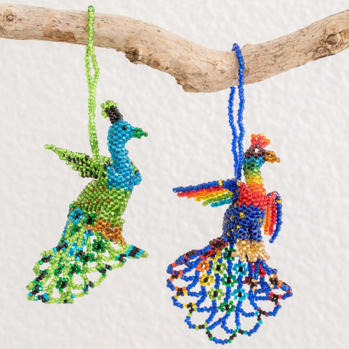 Hand-Beaded Glass Peacock Ornaments from Guatemala Pair 'Real Beauty'