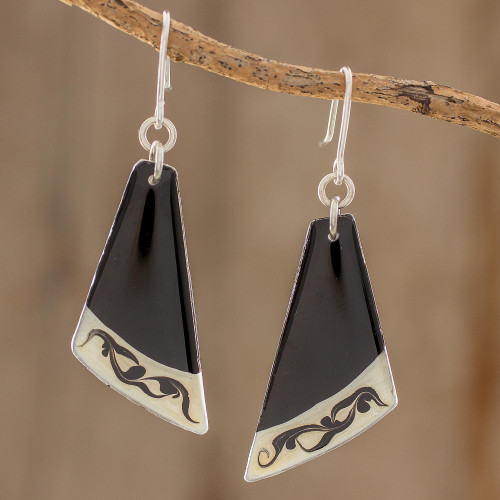Black Asymmetrical Triangle Art Glass Dangle Earrings 'Dance Fan'