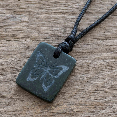 Black Jade Butterfly Pendant Necklace from Guatemala 'Mayan Butterfly'