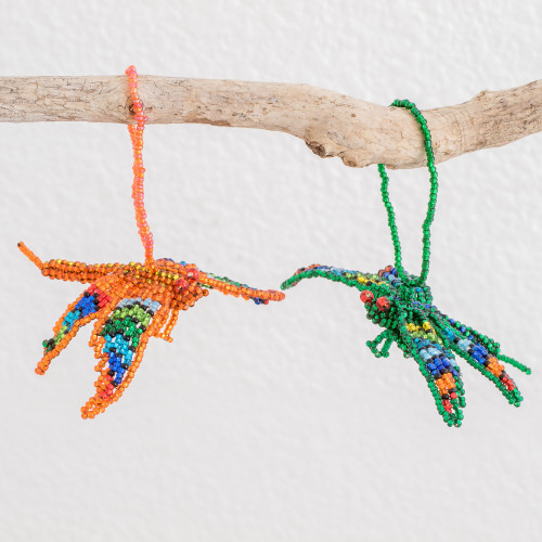 Guatemalan Glass Beaded Dragonfly Ornaments Pair 'Colorful Dragonflies'