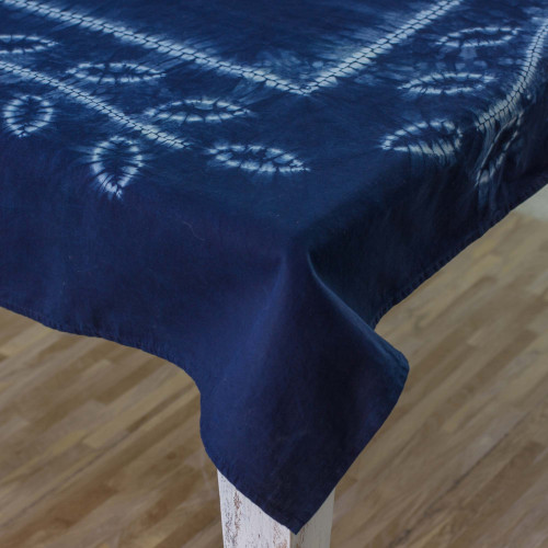 Salvadoran Batik Cotton Floral Tablecloth in Prussian Blue 'Flowery Feast'