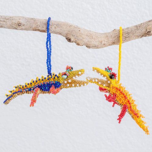 Colorful Guatemalan Glass Beaded Crocodile Ornaments Pair 'Colorful Crocodiles'