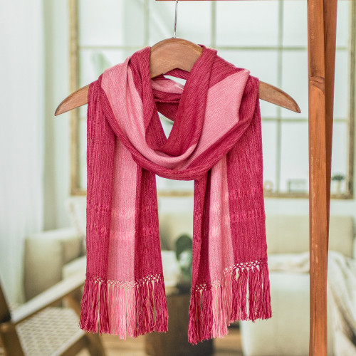 Guatemalan Hand Made Pink Striped Rayon Scarf 'Sublime Elegance'