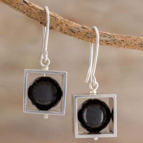 Square Sterling Silver Frame with Onyx Orb Dangle Earrings 'Frames' Square Sterling Silver Frame with Onyx Orb Dangle Earrings 'Frames'