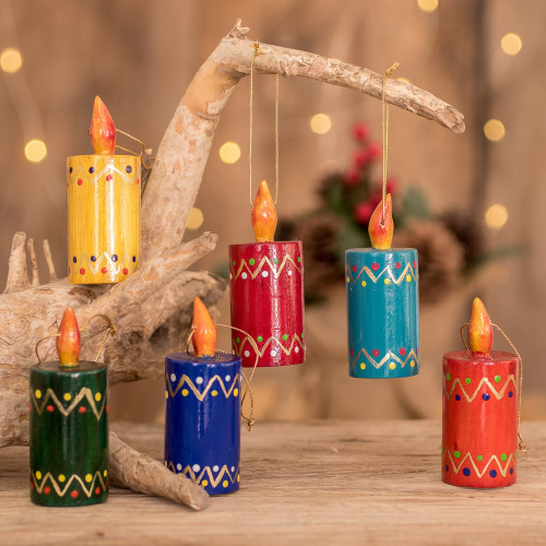 Assorted Color Reclaimed Wood Candle Ornaments Set of 6 'Festival Lights'